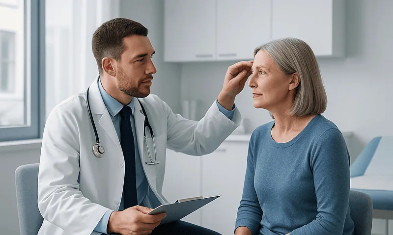 Doctor examining elderly woman's forehead in consultation room.