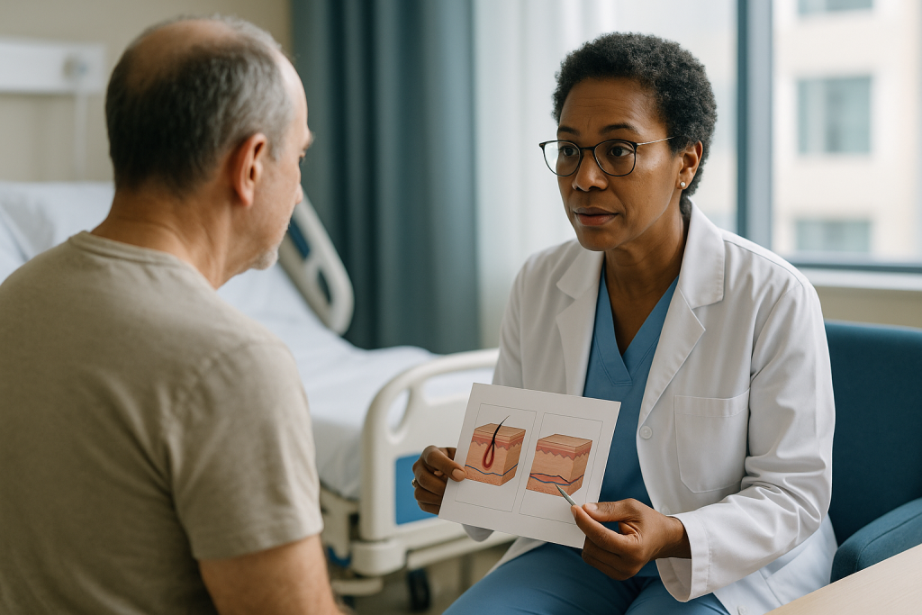 Doctor consulting patient with skin condition diagram: Flap vs graft reconstruction: the questions surgeons ask first