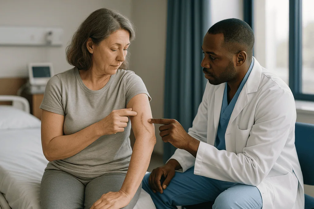 Doctor examining patient's arm in clinical setting: Flaps: what the team is watching in the first week