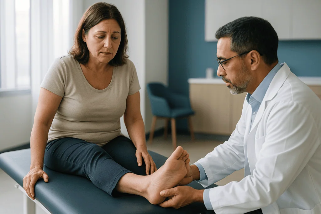 Doctor examining patient's foot during clinical consultation: Flat feet, bunions and cavus foot: three shapes, one shared qu