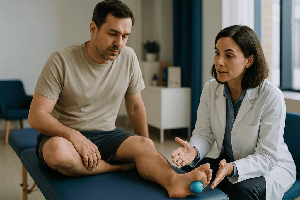 Podiatrist examining patient's foot with assessment tool: Flat feet exercises: what strengthening can and cannot change