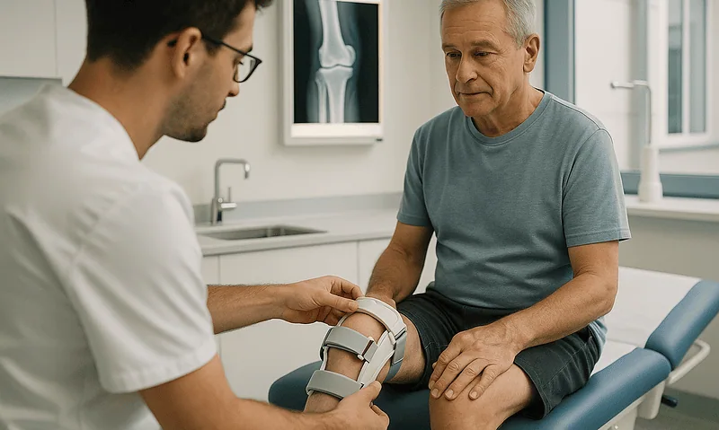 Doctor examining elderly man's knee with orthopedic brace in clinic.