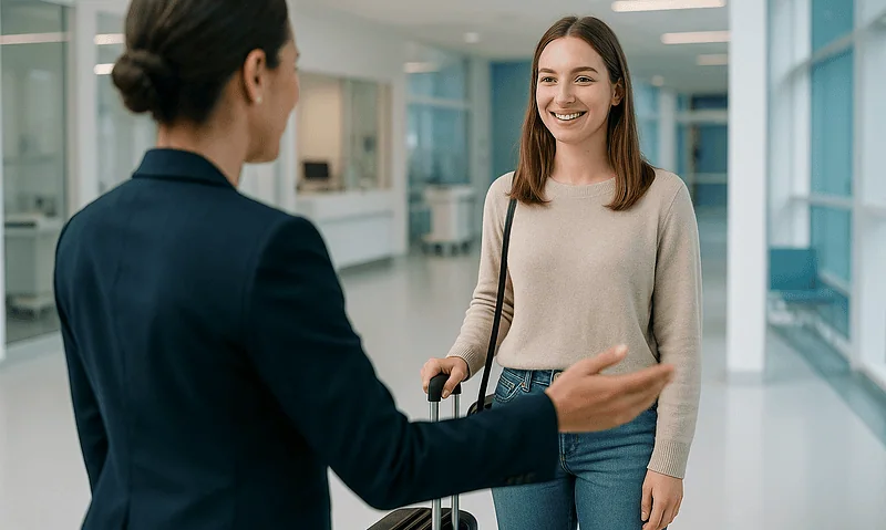 Smiling woman with luggage talking to hospital staff in a modern hospital lobby.