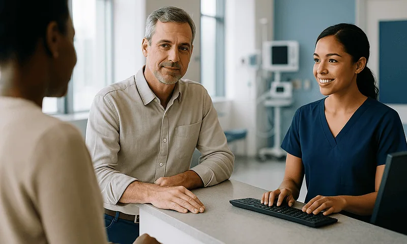 Patient consulting with healthcare professional at clinic reception desk.