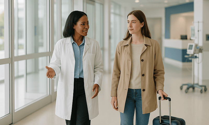 Medical professional and patient in hospital corridor discussing treatment options.