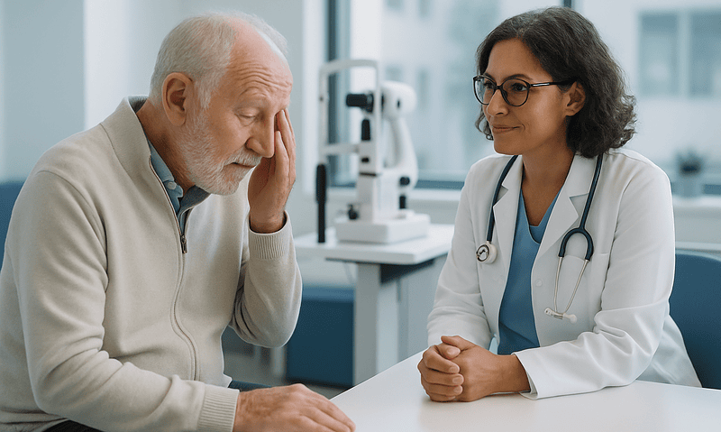 Elderly man consulting with an eye specialist in a modern clinic.
