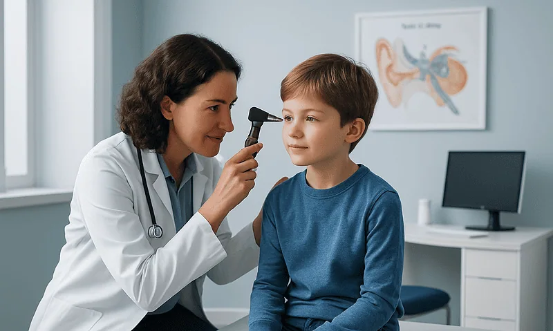 Pediatric ENT doctor examining child's ear with otoscope in clinic.