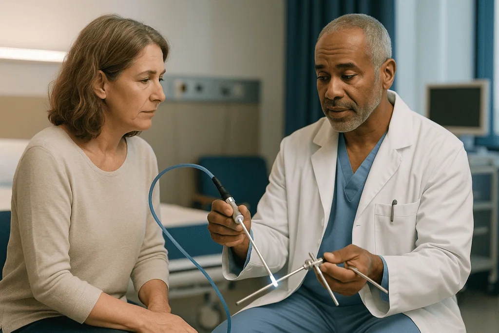 Doctor examining patient with stethoscope in clinic: Fluid, light and the instruments that fit through a keyhole