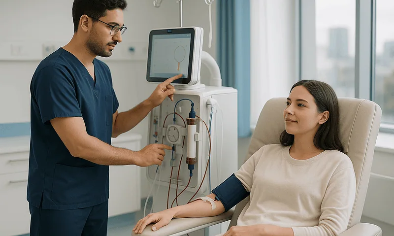 Healthcare professional monitoring a patient's IV therapy in a hospital room.