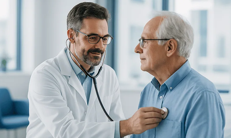 Doctor examining an elderly patient with a stethoscope in a hospital setting.
