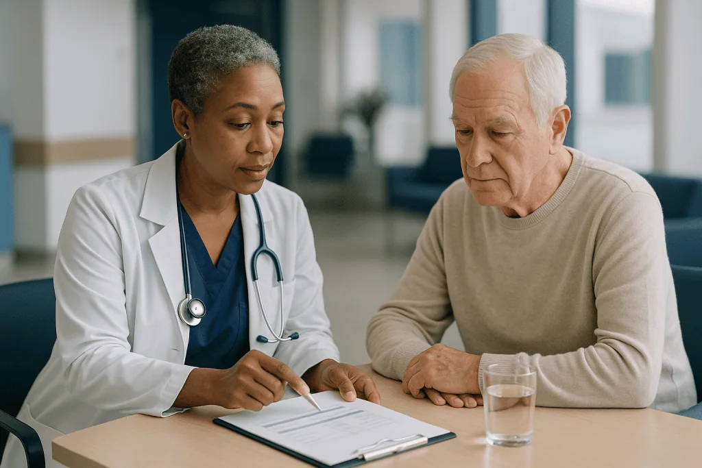 Doctor consulting with elderly male patient over documents: Fluid plans by situation: a summary table