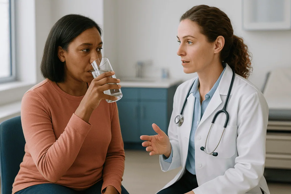 Doctor consulting patient, drinking water in clinic: Fluids before a urodynamic test: full, not bursting