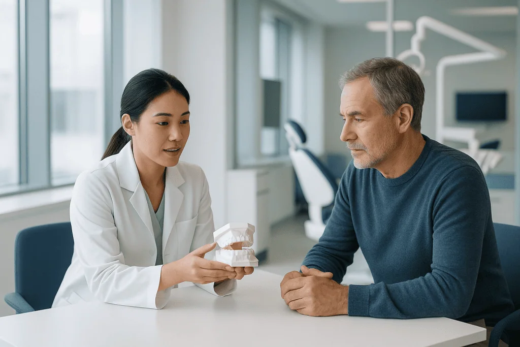 Fluoride Application 1 Dentist explaining dental care to a patient in a modern clinic.