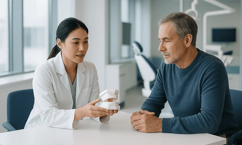 Dentist explaining dental care to a patient in a modern clinic.