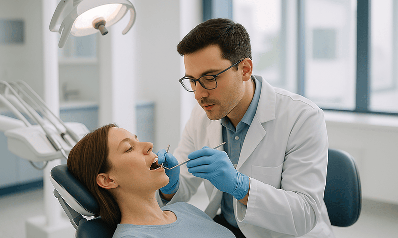 Dentist applying fluoride treatment to patient's teeth in clinic.