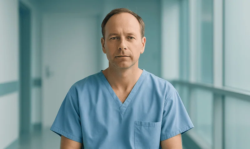 Male healthcare professional in blue scrubs in hospital corridor.