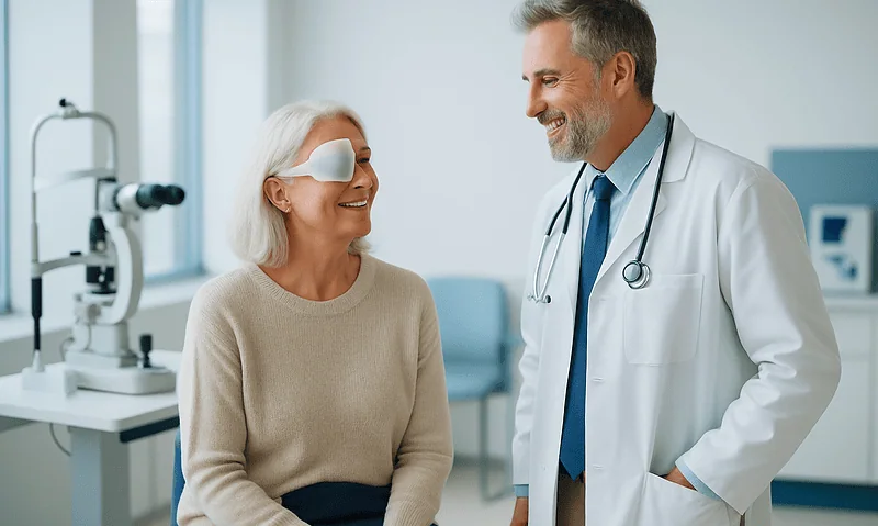 Patient with eye patch smiling with doctor in medical office.