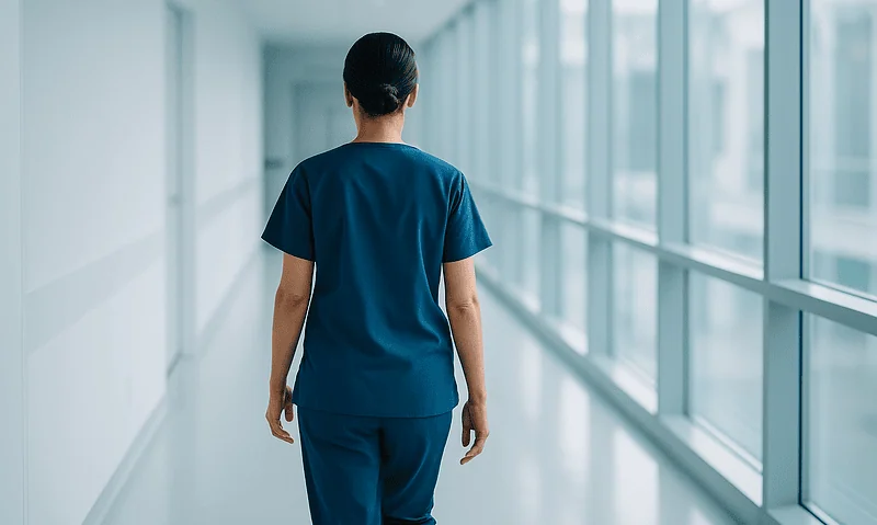 Healthcare professional walking in hospital corridor with large windows.