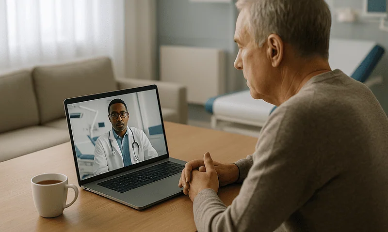 Senior man consulting with doctor via video call about cataract surgery recovery.