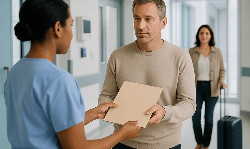 Patient receiving information from nurse at hospital reception.