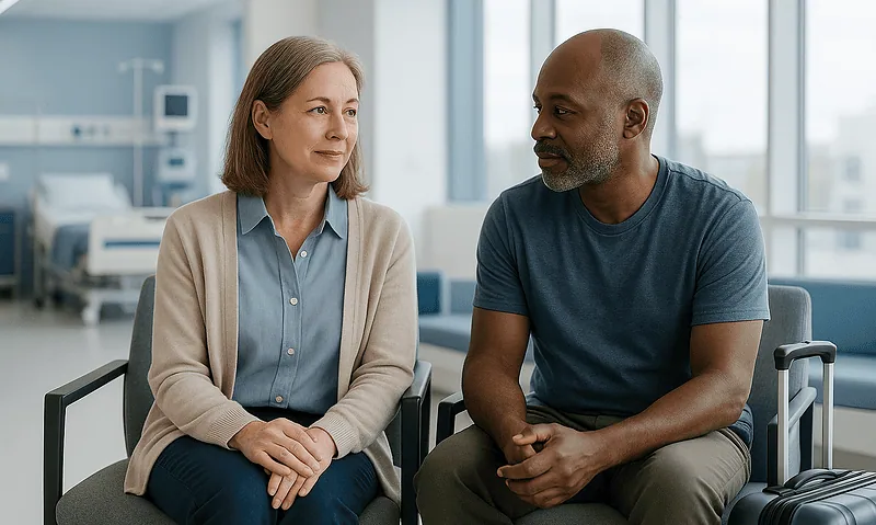 Patient and doctor discussing post-dental surgery recovery in hospital.