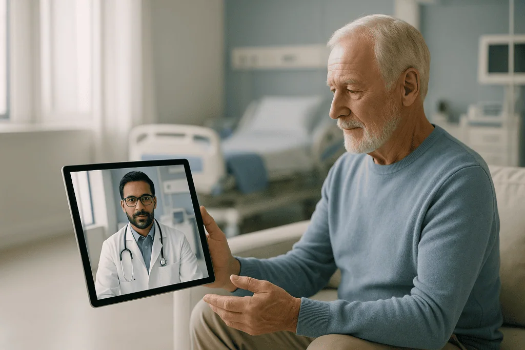 Flying After Eye Surgery: LASIK, Retinal Laser and Cataract Compared 1 Elderly man consulting with doctor via telemedicine on tablet device.