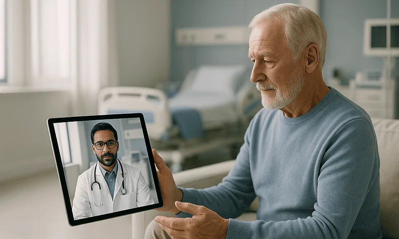 Elderly man consulting with doctor via telemedicine on tablet device.