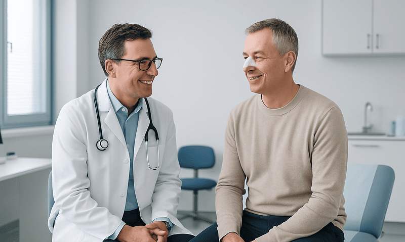 Doctor and patient having a friendly consultation in a medical office.