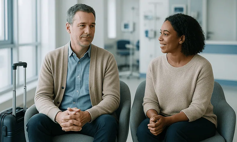 Patient and doctor having consultation in hospital waiting area.