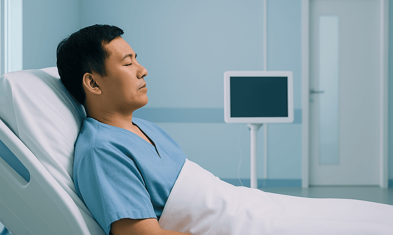 Patient resting in hospital bed after hip replacement surgery.