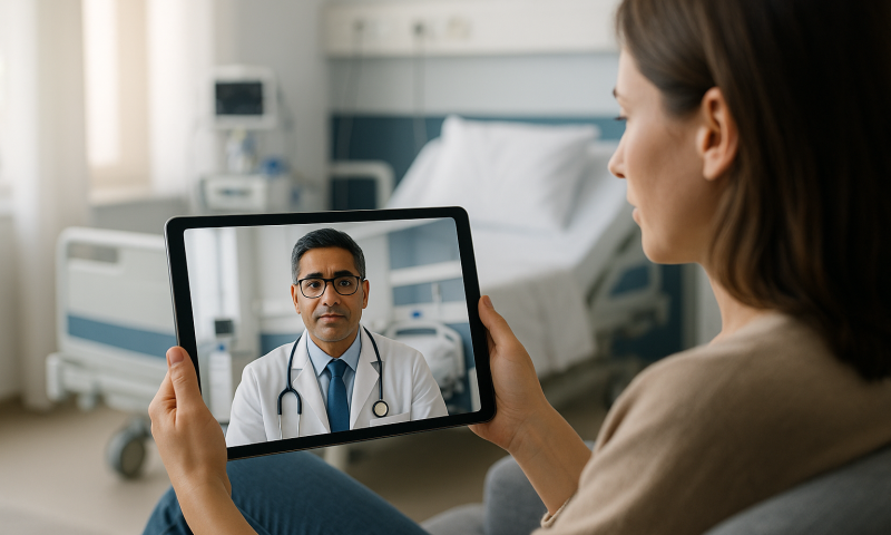 Patient consulting with doctor via telemedicine in hospital room.