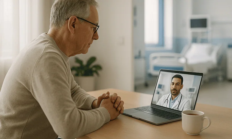 Senior man consulting with doctor via video call after knee or hip surgery.