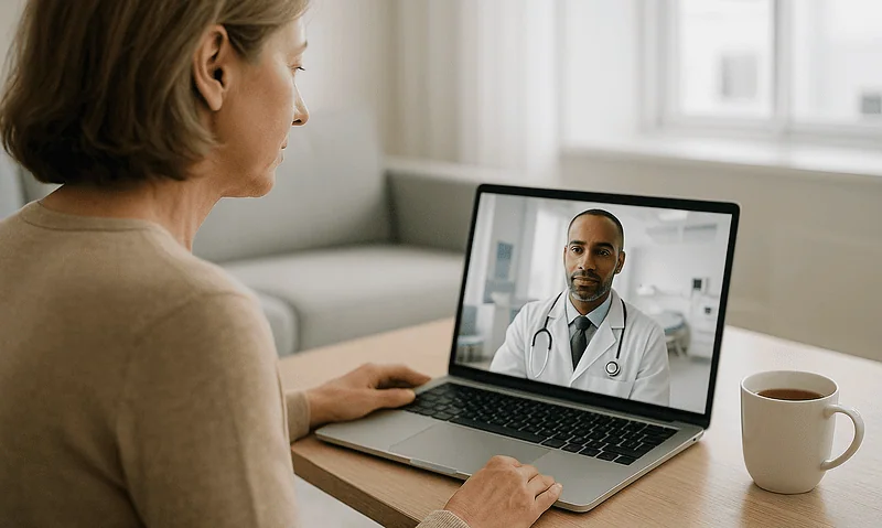 Woman consulting with doctor via video call after knee replacement surgery.