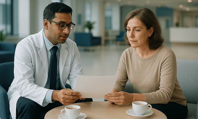 Doctor consulting with a patient in a hospital lounge.