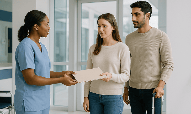 Patient receiving discharge instructions from healthcare professional at hospital.
