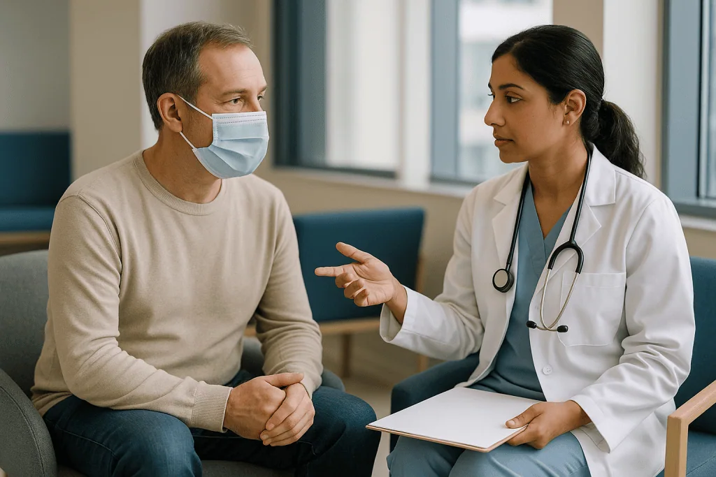 Doctor consulting with masked patient in clinical setting: Flying after sinus surgery: the typical waiting windows