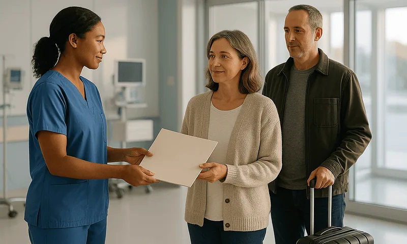 Patient receiving discharge instructions from nurse at hospital.