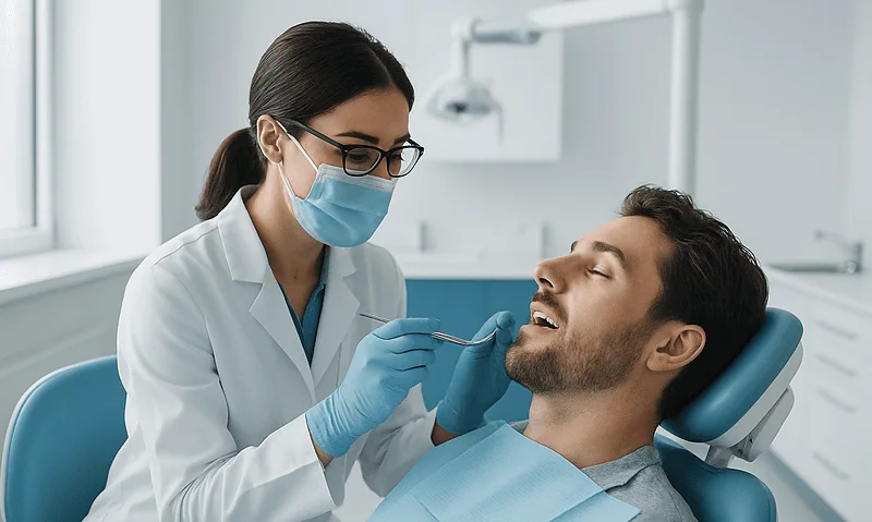Dentist performing oral exam on male patient after wisdom teeth removal.