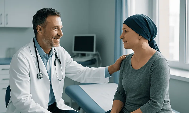 Doctor consulting with a female patient in a hospital room.