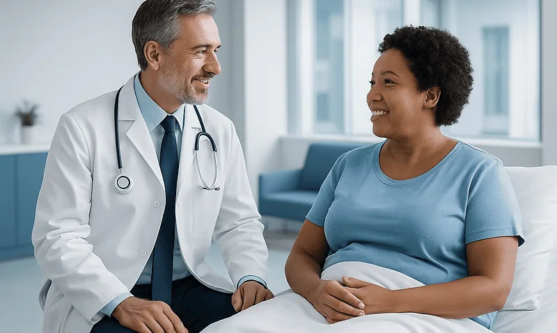 Doctor and patient smiling during consultation at Acibadem Hospital.