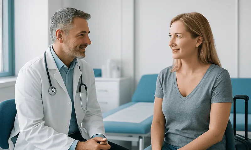 Doctor consulting with a female patient in a medical office.