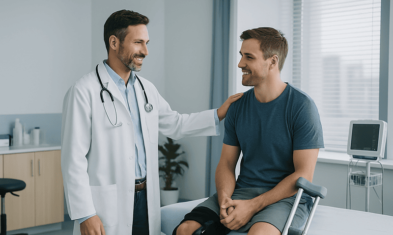 Doctor talking to a patient after cruciate ligament surgery in a hospital room.