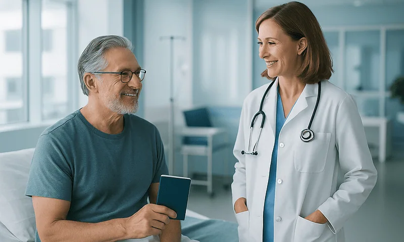 Doctor talking to senior male patient in hospital room.