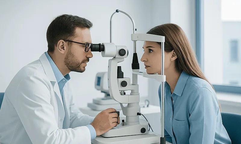 Optometrist examining woman's eyes with slit lamp in clinic.