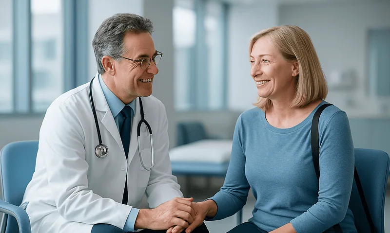 Doctor and patient smiling during consultation at Acibadem Hospital.