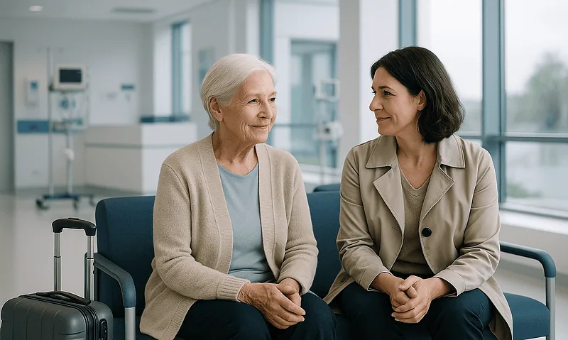 Elderly woman and healthcare professional talking in hospital waiting area.