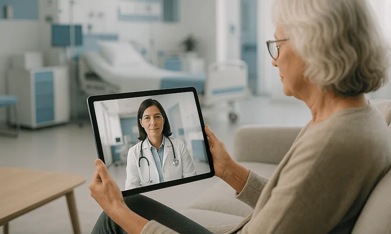 Elderly woman having a telemedicine consultation with a doctor on a tablet.