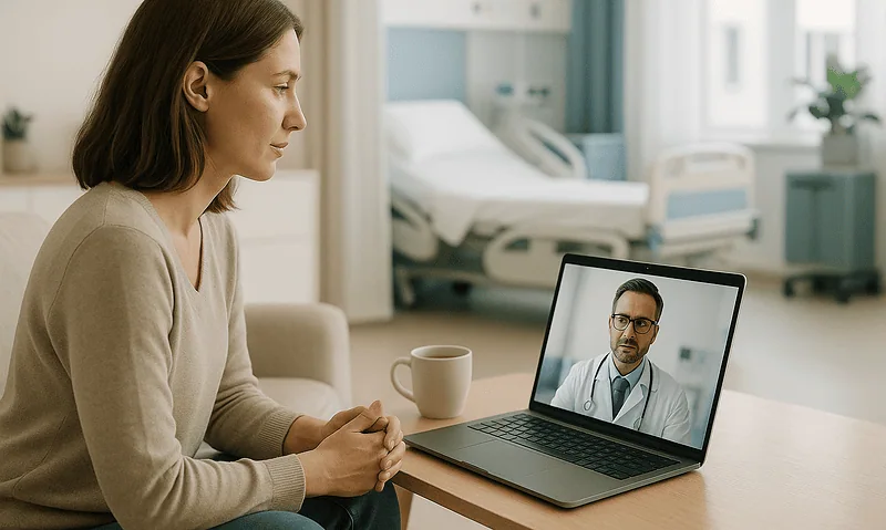 Woman consulting doctor via telemedicine after hospital treatment.