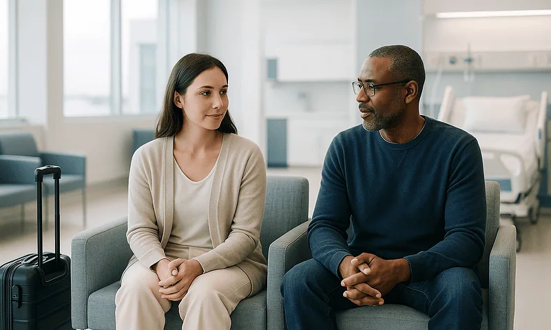 Patient and doctor having a consultation in a hospital waiting area.