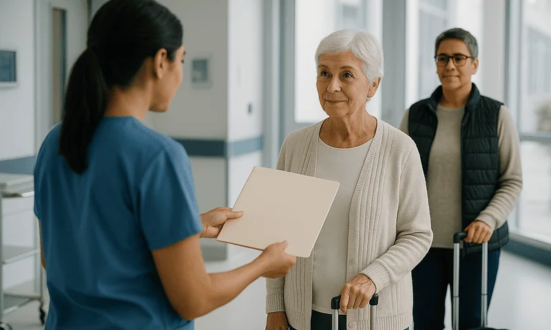 Elderly woman with a walker receiving assistance from a nurse in a hospital corridor.